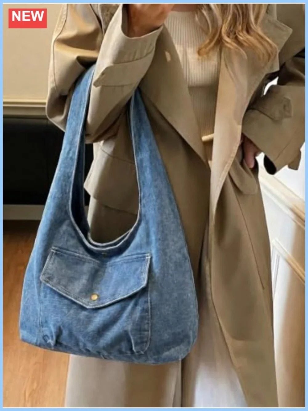Denim Hobo Bag Large Capacity Reversible Canvas Tote Shoulder Purse